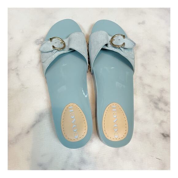 COACH Bleeker C Buckle Waterfall Blue Suede Slide Sandals - Picture 6 of 10